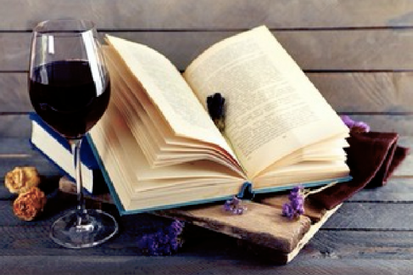 A book and glass of wine , , , 